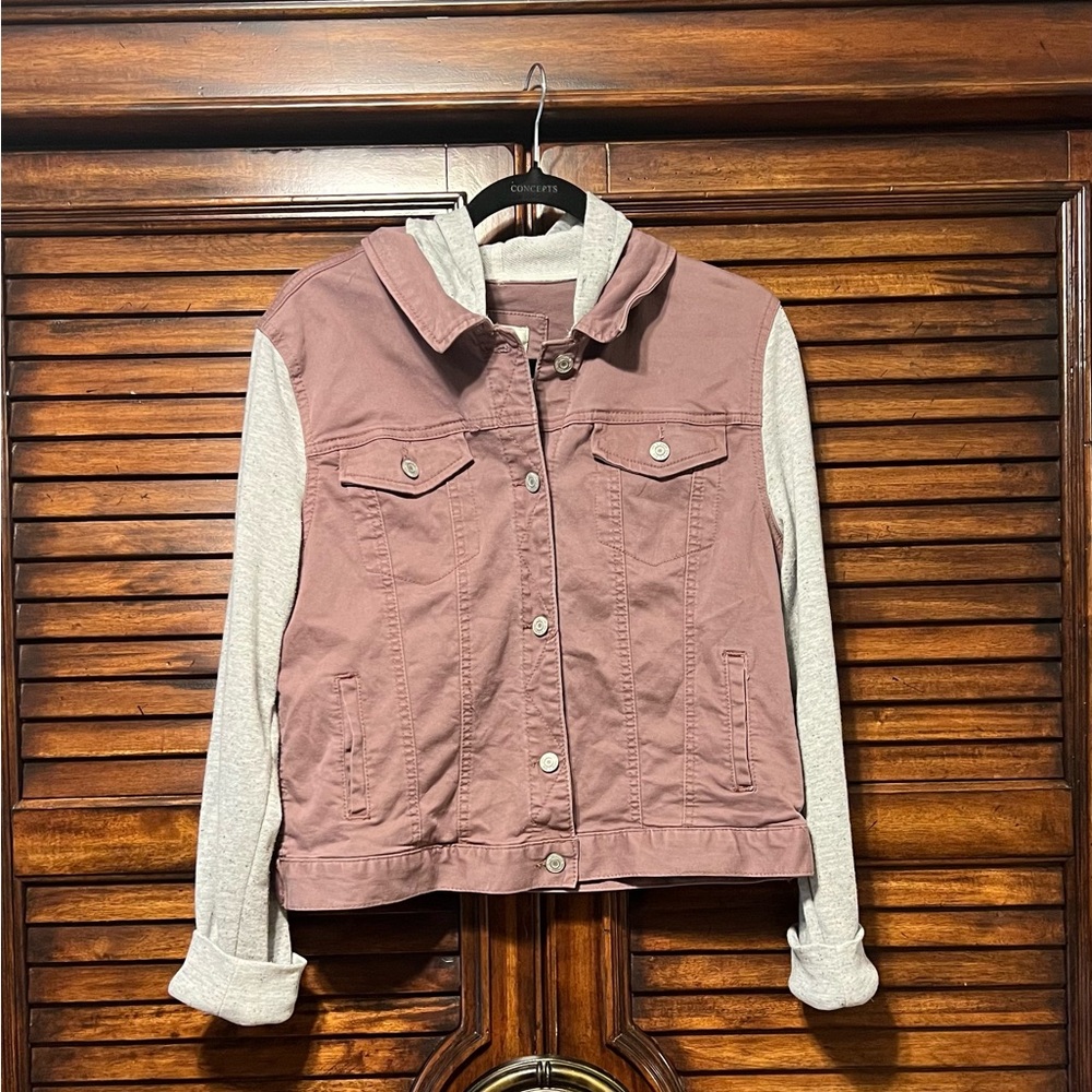 Y2K Mudd Women's Dusty Rose & Gray Jean Jacket with Hood Size Large Women’s EUC